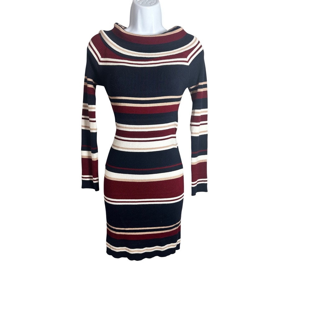 Kendall & Kylie Navy Burgundy White Striped Ribbed Knit Bodycon Dress Medium